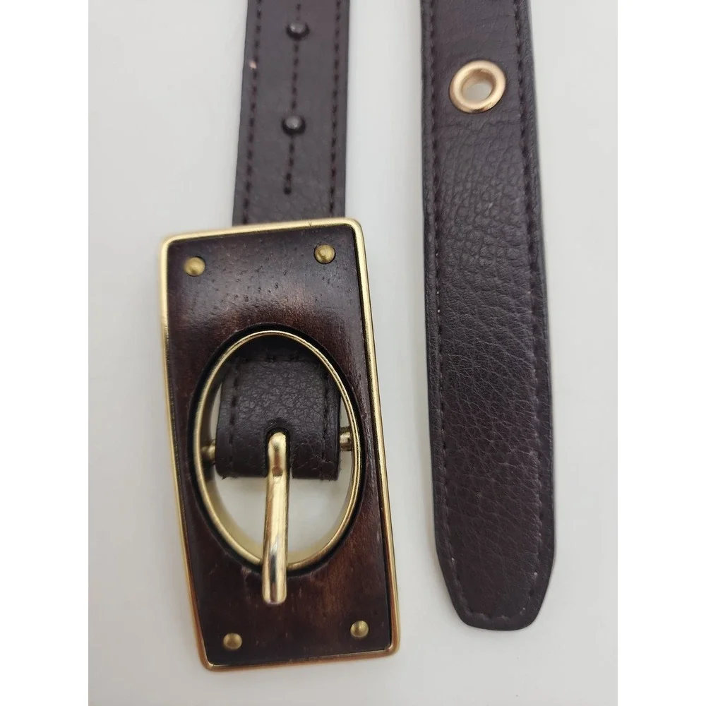 Vintage Chico's Skinny Belt Wood & Brass Rectangle Statement Buckle 35